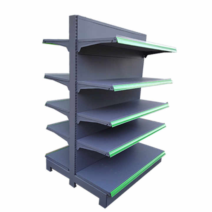 Double sided metal supermarket shelving